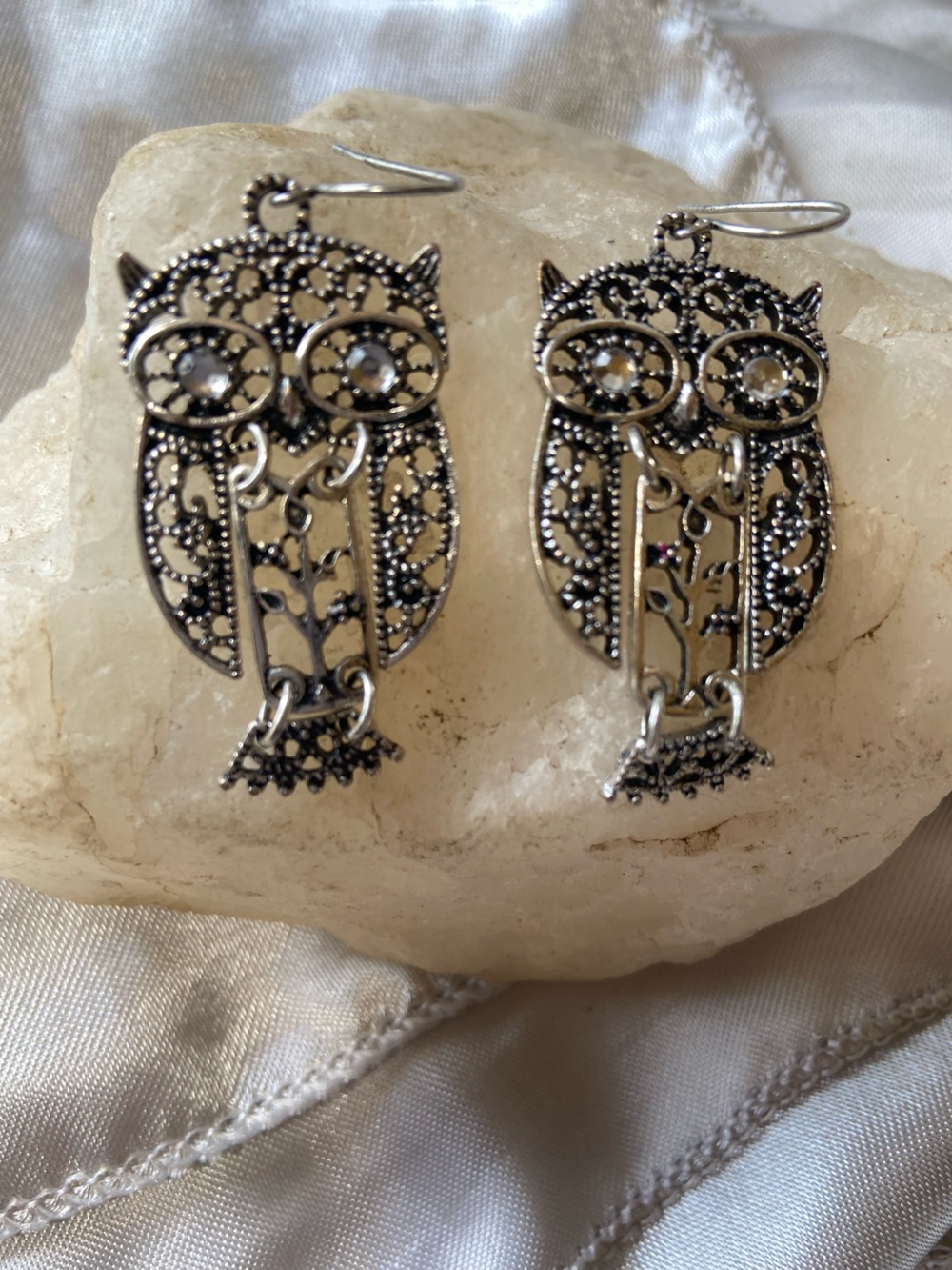 Ornate Owl Silver Filigree Drop Earrings with Clear Stone Centers
